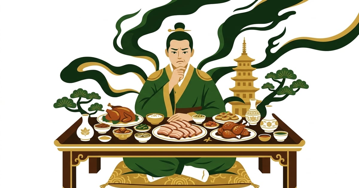 고기 접시와 화려한 장식물에 둘러싸여 불만족스러운 표정을 짓는 인물
