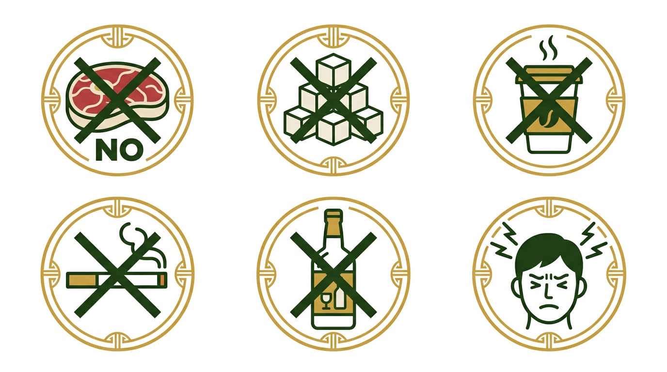 금음체질에 해로운 육류, 설탕, 커피, 술, 담배, 스트레스를 상징하는 아이콘들이 빨간색 경고 표식과 함께 나열되어 있다.