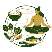 한의학적 조화와 균형을 상징하는 이미지로, 건강한 채소, 곡물, 생선과 명상하는 사람의 실루엣이 어우러져 있다.