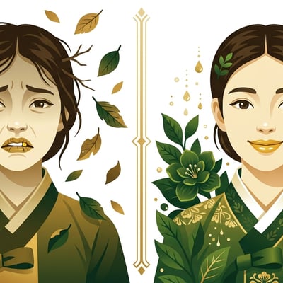 한 여성이 입마름으로 고통받던 과거를 상징하는 마른 나뭇가지와, 금니 제거 후 촉촉하고 편안한 표정을 지으며 웃는 현재의 모습이 대비되는 그림.