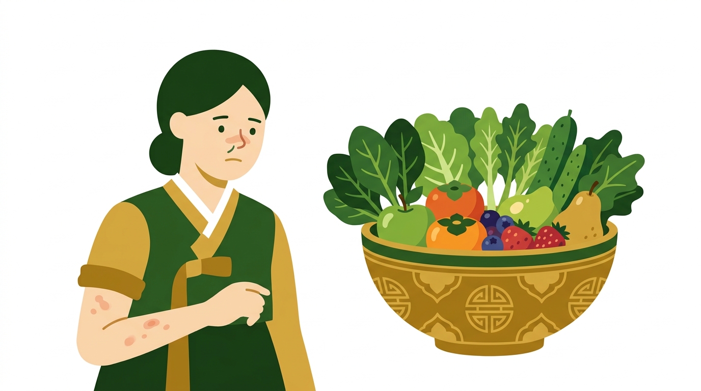 아토피로 붉어진 팔과 코막힘을 암시하는 코 주변, 옆에 신선한 채소 바구니가 놓인 식탁