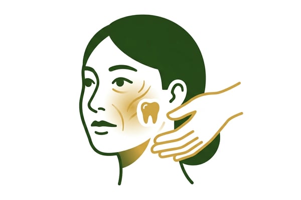 얼굴의 광대뼈 부분과 치아, 그리고 한의학적 치유의 손길이 어우러진 그림