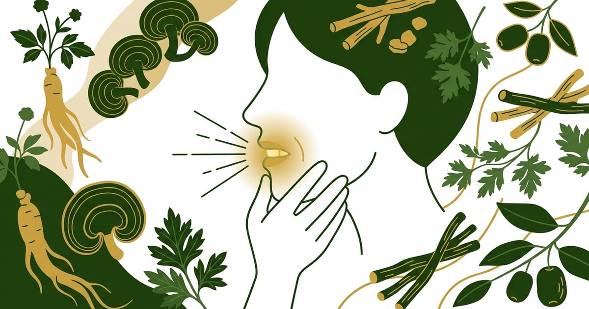 금양체질 환자의 얼굴 실루엣 주변에 금니로 인한 건조함과 불편함을 나타내는 추상적인 황금색 빛깔과 건조한 선들이 어우러진 그림