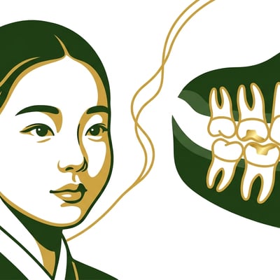 한쪽 광대뼈가 돌출된 여중생 얼굴과 금니가 삽입된 치아의 단면도.