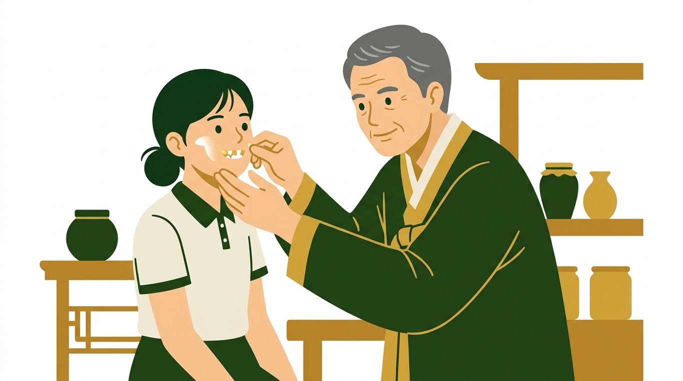 한의사가 여중생의 광대뼈를 진찰하며 금니와 체질의 상관관계를 탐색하는 장면.