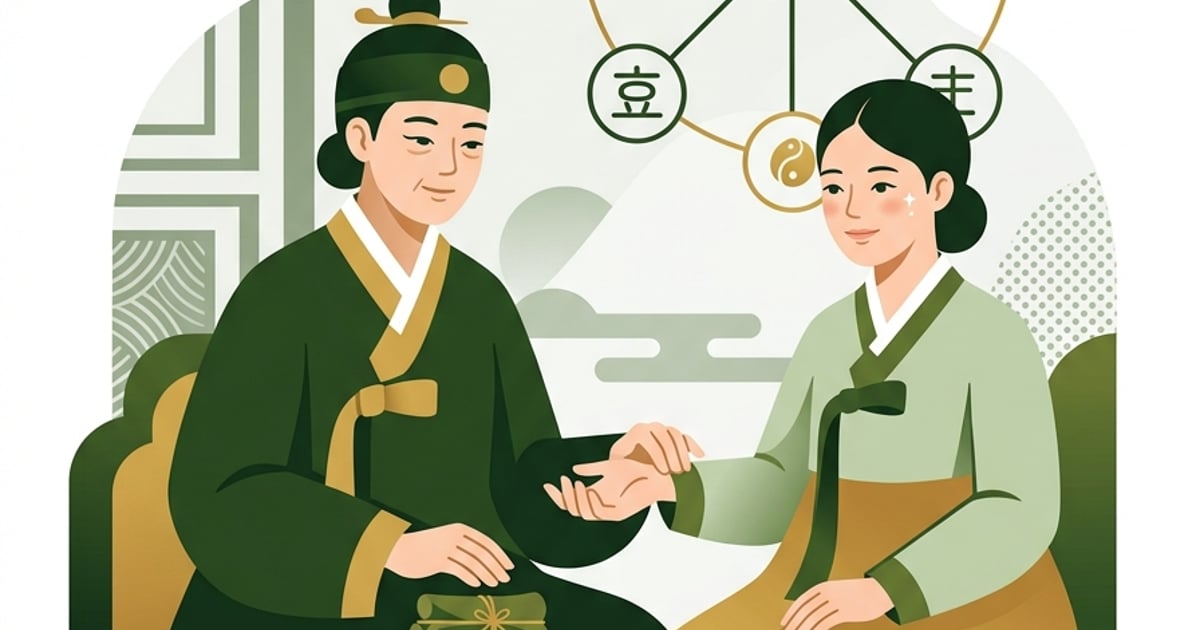 한의사가 환자의 맥을 짚고 건강하게 웃는 환자의 모습이 담긴 그림