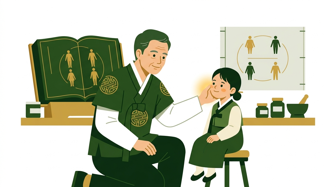 한의사가 금니가 있는 광대뼈 부분에 손을 대고 진찰하는 모습과 사상체질 헌법 책