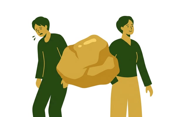 황금 덩어리와 그 주변에 두 개의 대조적인 인물 실루엣이 상징적으로 묘사되어 있다.