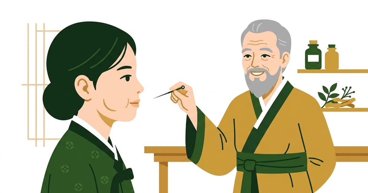 왼쪽 광대뼈가 미세하게 돌출된 여학생의 옆모습과 옆에서 침을 들고 있는 한의사의 모습