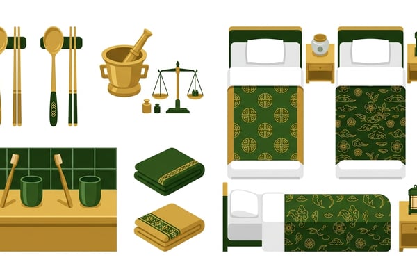 개인별로 구분된 숟가락, 젓가락, 컵과 세면대의 칫솔, 수건, 그리고 정돈된 침대