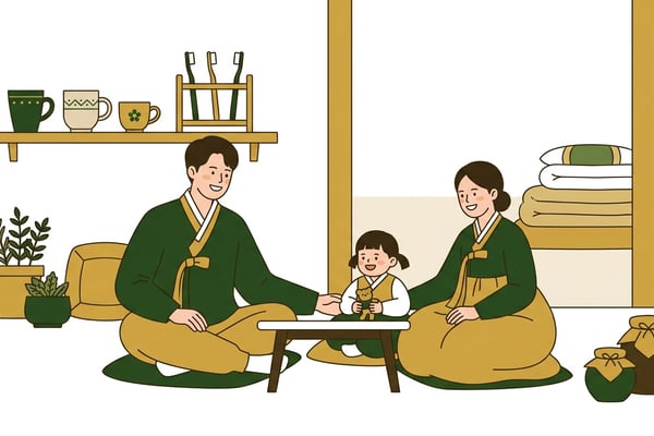 따로 사용하는 식기와 세면도구, 각자의 침상이 깔끔하게 놓여있는 건강하고 평화로운 가정 풍경