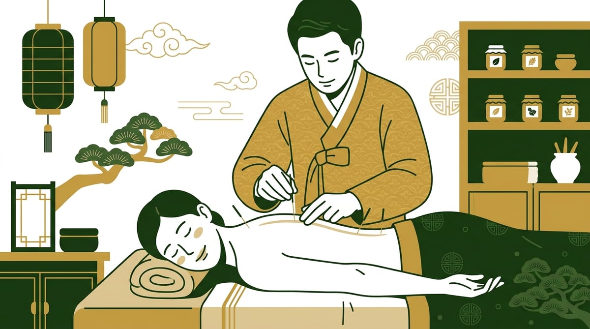 한의사가 디스크로 허리 통증을 겪는 환자의 경혈에 체질침을 놓는 모습