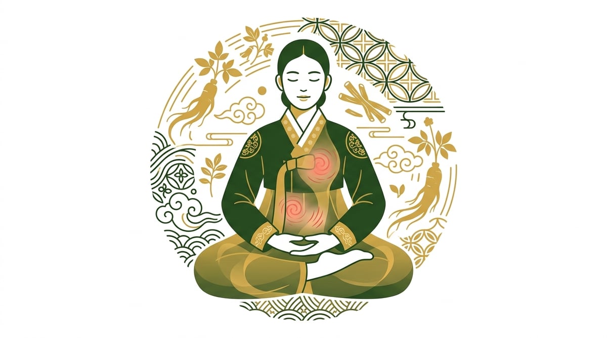 외견상 건강해 보이는 인물이 투명하게 비치는 내부에서 알레르기 반응으로 붉어진 부위와 혼란스러운 에너지가 느껴지는 모습, 한의학적인 배경.