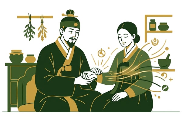 한의사가 환자의 손목을 짚고 진맥하며 숨겨진 병의 원인을 파악하는 모습