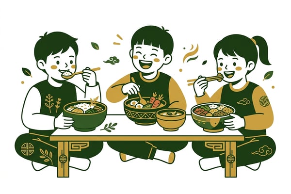 알레르기와 천식 증상이 호전된 세 명의 아이들이 각자 다른 그릇에 담긴 음식을 웃으며 맛있게 먹고 있다.