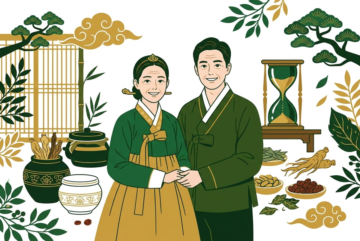 젊어 보이지만 눈가와 입가에 잔주름이 많은 부부가 웃고 있다. 배경에는 빠르게 흐르는 모래시계가 그려져 시간의 흐름을 상징한다.