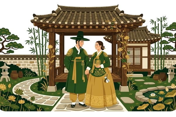 전통 한옥 마당에서 행복하게 마주 보며 미소 짓는 한복 입은 부부, 주변에는 연꽃과 대나무 문양이 조화롭게 어우러져 있다.