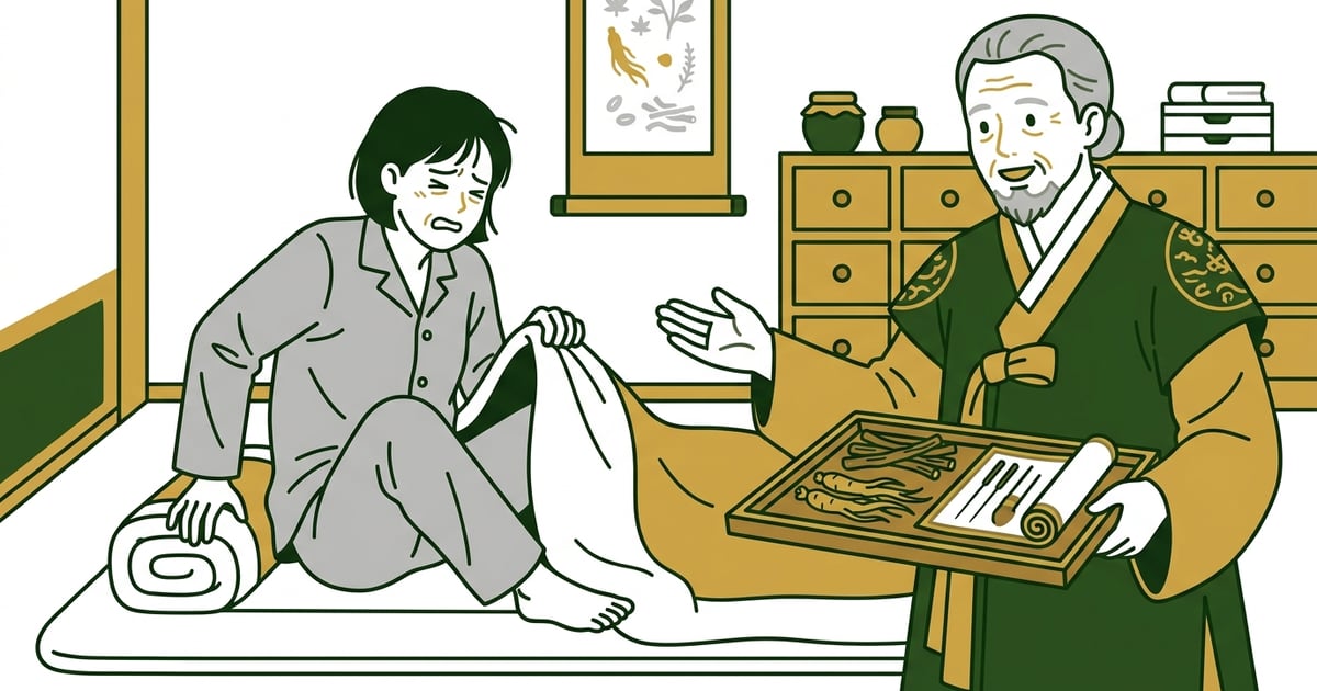 아침에 무기력하게 침대에 앉아있는 사람 옆으로, 한의사가 약재와 침을 들고 상담하는 모습
