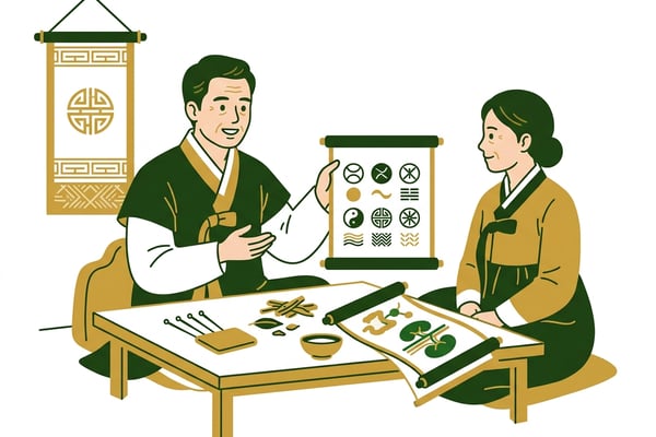 한의사가 환자의 체질에 맞춰 진찰하며 신장 관련 치료를 설명하는 장면, 환자의 얼굴에 희망이 보인다.