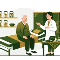 한의원 내부에서 백발의 할아버지가 침대 위에 편안하게 앉아 한의사의 설명을 듣고 미소 짓는 모습