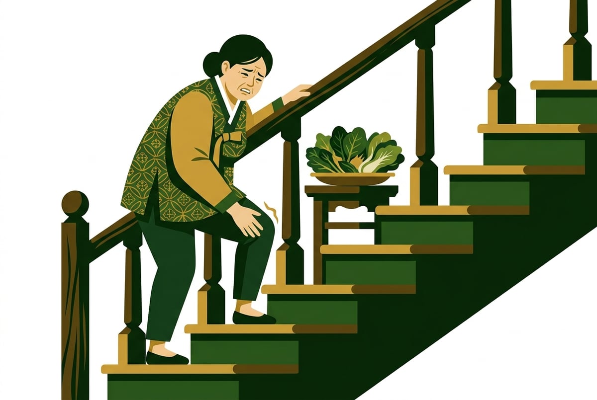 계단을 오르내리기 힘들어하는 40대 여성과 옆에 놓인 채식 위주의 식단.