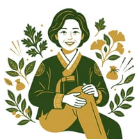 푸른색과 금색 톤의 한의원 배경에서 편안하게 웃고 있는 40대 여성과 무릎을 부드럽게 감싸는 손.