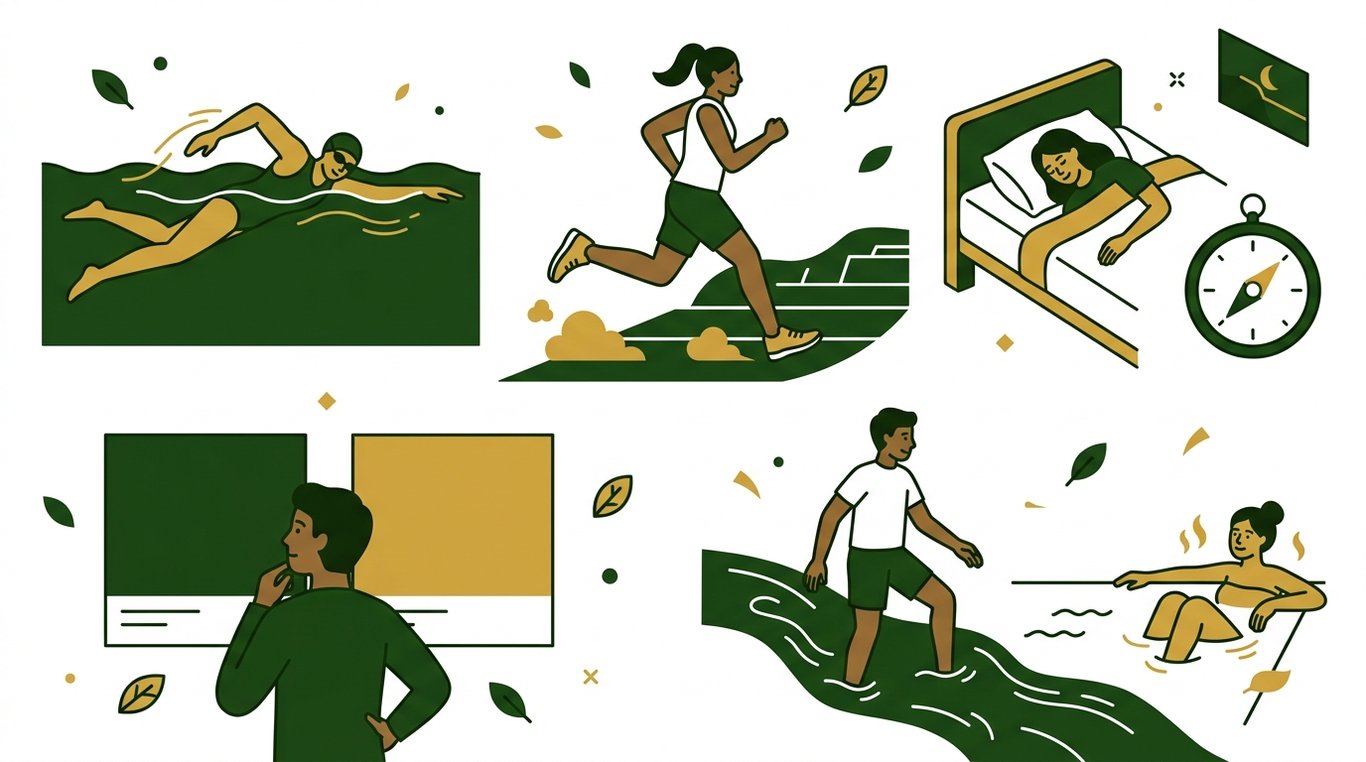 수영하는 사람, 마라톤하는 사람, 침대 방향을 가리키는 나침반, 벽지 색깔을 고민하는 사람 등 다양한 생활 및 운동 환경을 상징하는 아이콘들이 한 폭에 담겨 체질별 맞춤 건강 관리의 중요성을 나타냅니다.