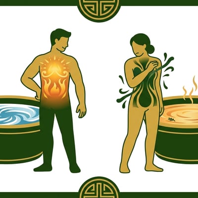 한의학적 체질 유형을 나타내는 두 인물과 그들 앞에 놓인 냉수 욕조와 온수 욕조