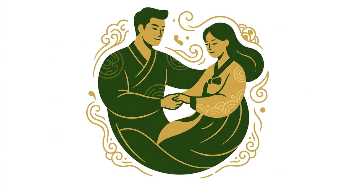 한의학적 체질 궁합으로 조화롭게 균형 잡힌 부부의 모습이 담긴 그림.