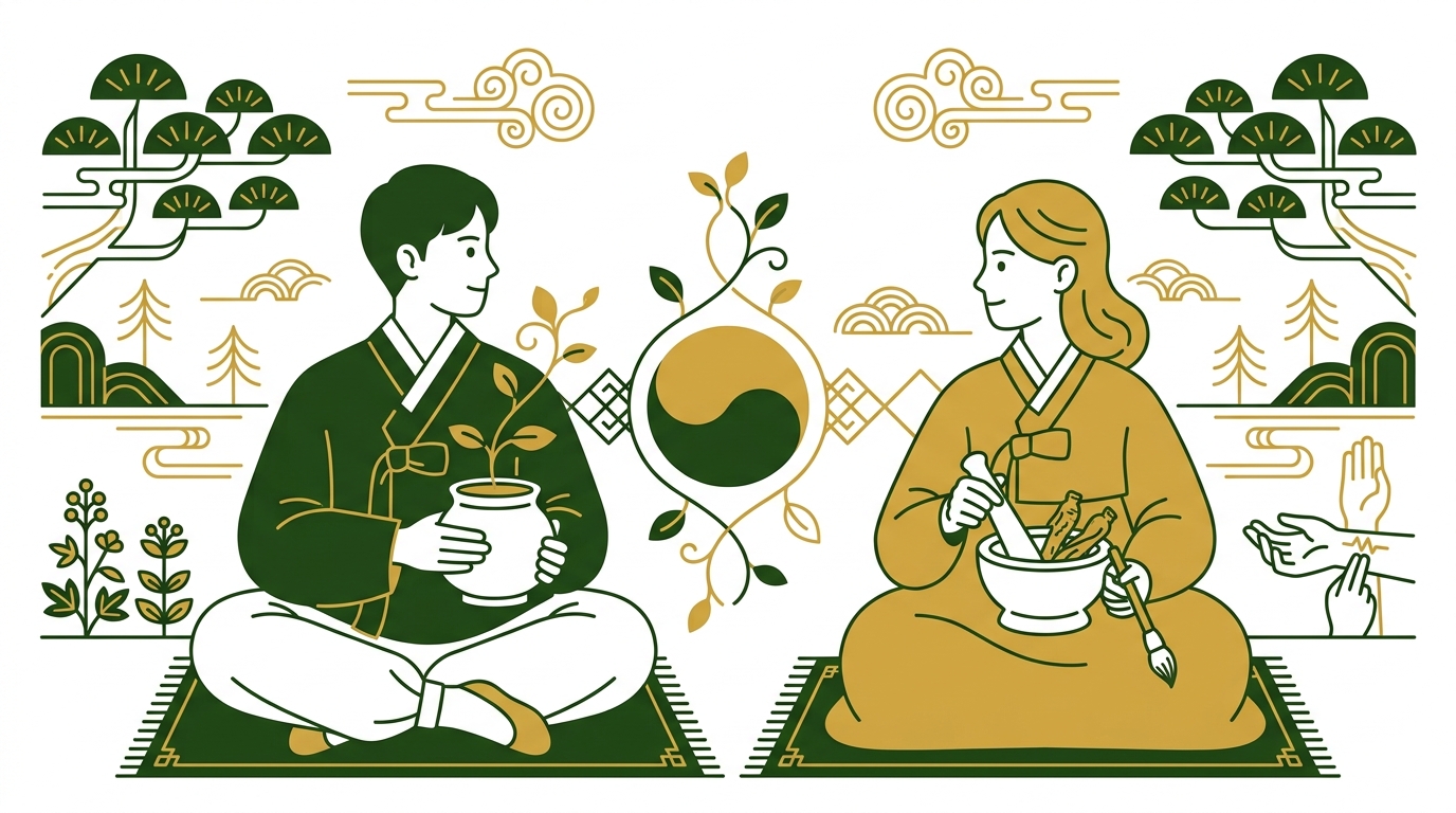 태극 문양 중앙에 앉은 남녀가 서로를 바라보며 조화로운 균형을 이루는 한의학 블로그 대표 이미지
