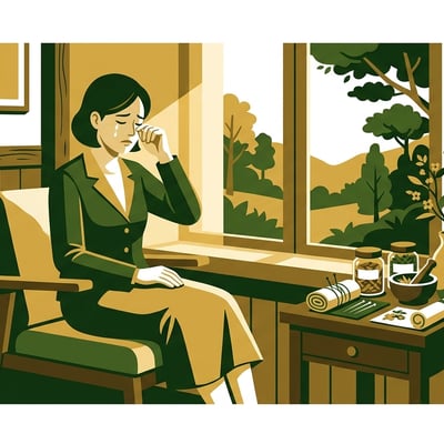 차분한 숲 녹색과 따뜻한 금색 톤의 한의원 공간에서 창밖을 보며 눈물을 닦는 여성, 옆에는 한약재와 침구가 놓여 있다.