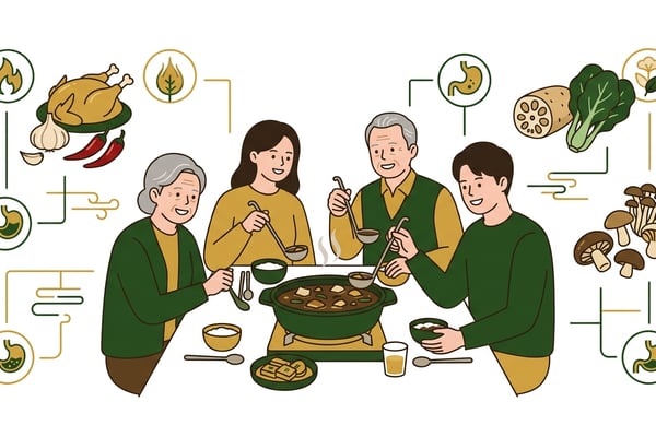 한 가족이 찌개를 함께 먹는 모습과 그 옆에 체질별 음식을 상징하는 그래픽 요소가 대비되는 이미지.