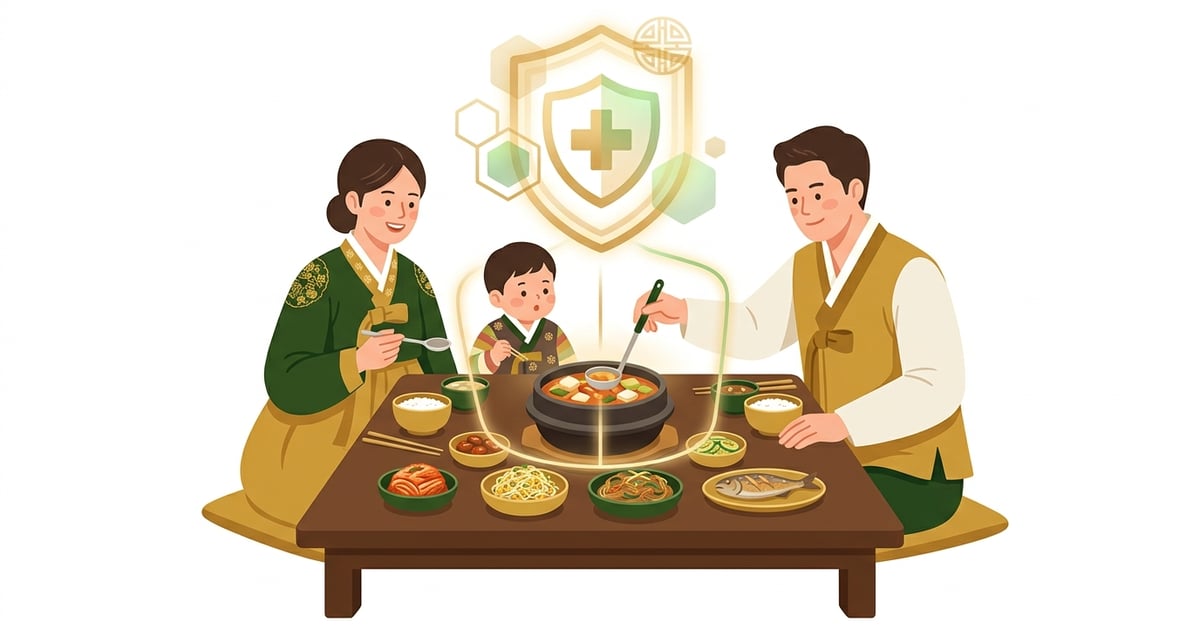 따뜻한 색감의 한옥 배경에서 온 가족이 찌개와 반찬을 공유하며 식사하는 전통적인 한국의 식탁 모습. 한편으로는 투명한 장벽이 놓여있고, 한의학 심볼이 강조됨.