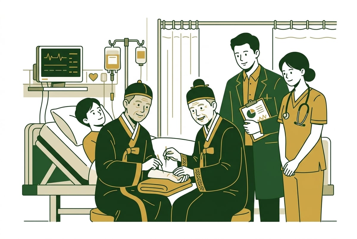 중환자실 침대에 누워있는 환자의 손목에 한의사가 섬세하게 침을 놓는 장면, 옆에서 의사와 간호사가 지켜보며 협력하는 모습