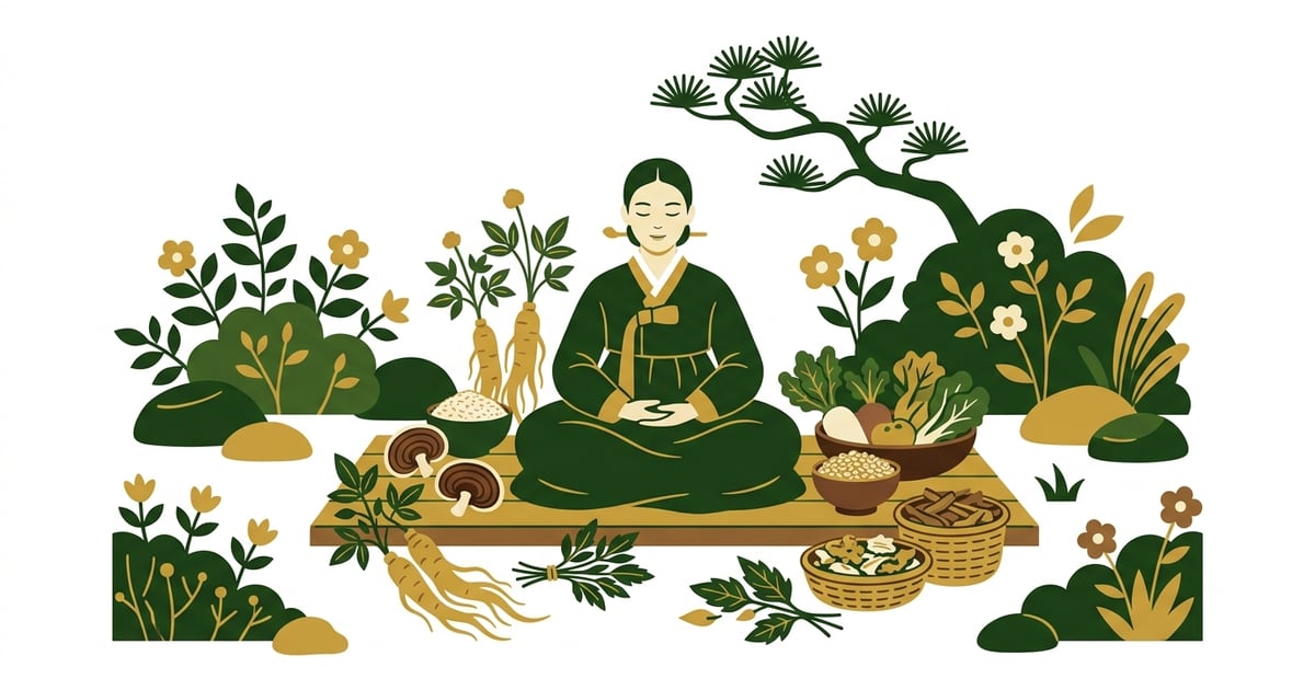 평화로운 정원에서 편안하게 명상하는 사람과 주변에 놓인 한약재, 건강한 식재료들.