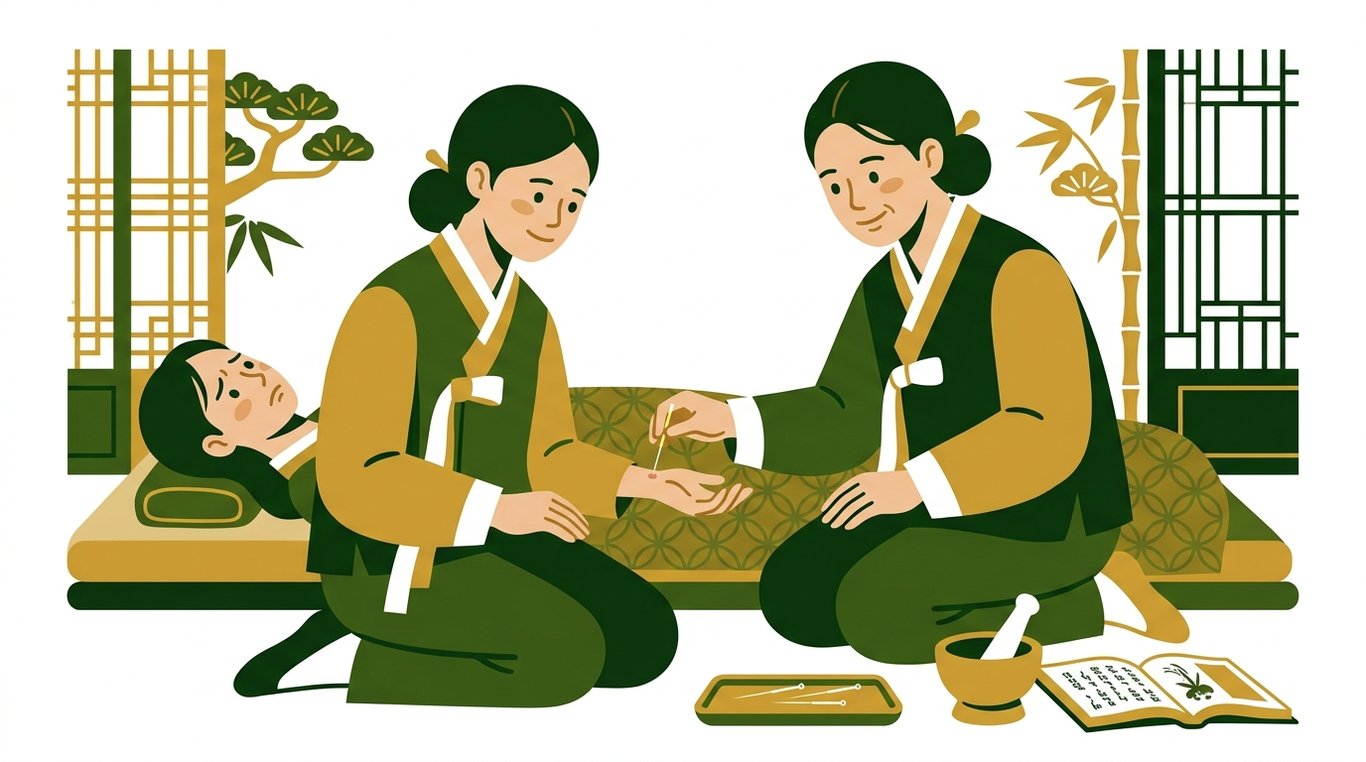 한의사가 환자에게 침을 놓으며 희망을 주는 따뜻한 장면