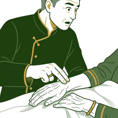 한의사가 미동 없는 환자의 손목에서 미약한 맥을 짚는 모습