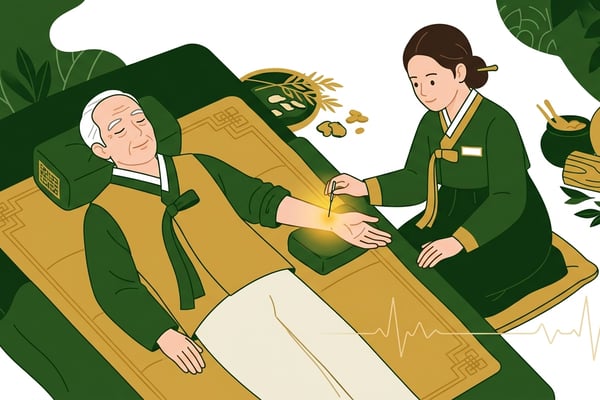 한의사가 침을 이용해 생명을 불어넣는 듯한 신비로운 장면
