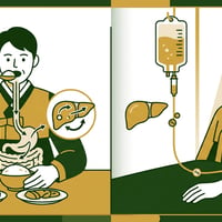한쪽에는 밥을 먹는 사람과 소화기관으로 가는 포도당의 흐름, 다른 한쪽에는 수액 주사를 맞는 사람과 혈관으로 직접 들어가는 포도당의 흐름이 대조적으로 표현된 그림.