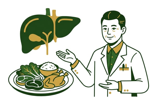 푸른 숲 배경에 한의사가 건강한 육류 위주 식단을 설명하는 모습