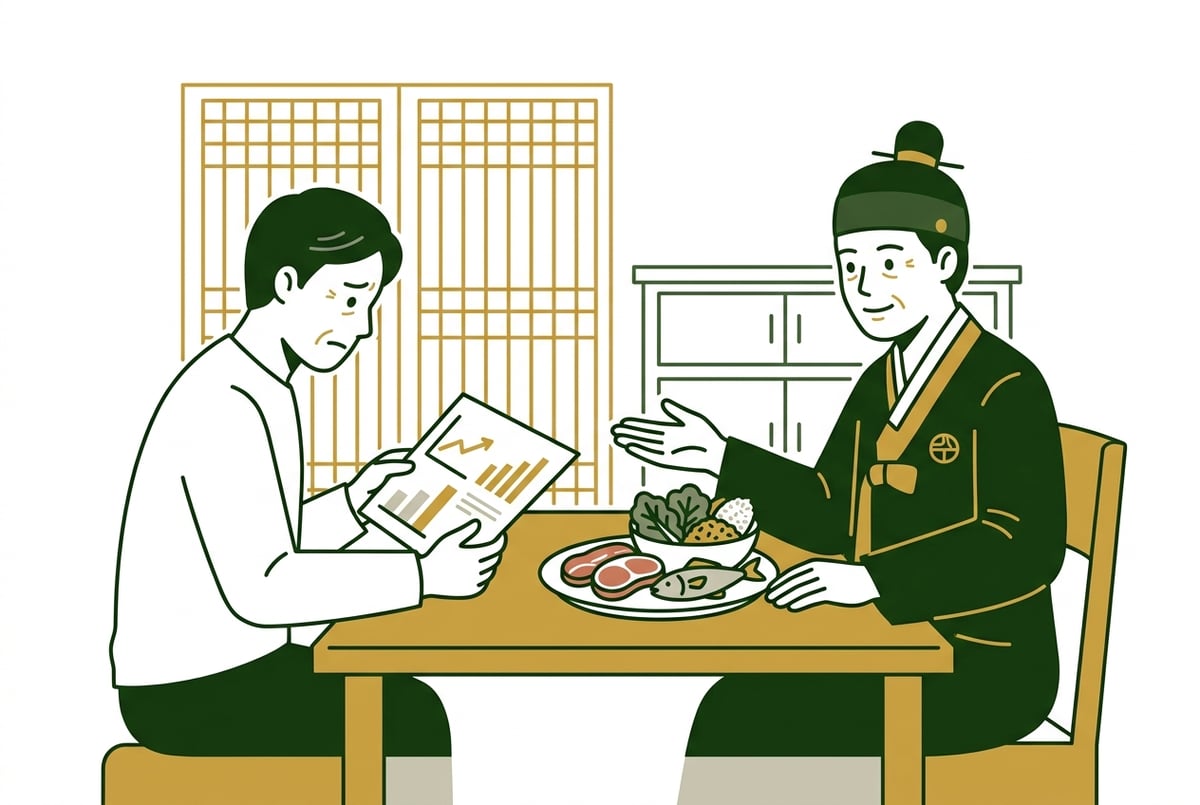 콜레스테롤 수치가 높아진 것을 확인하고 걱정하는 목양체질 환자에게 육식 위주의 식단을 권장하는 한의사 장면.
