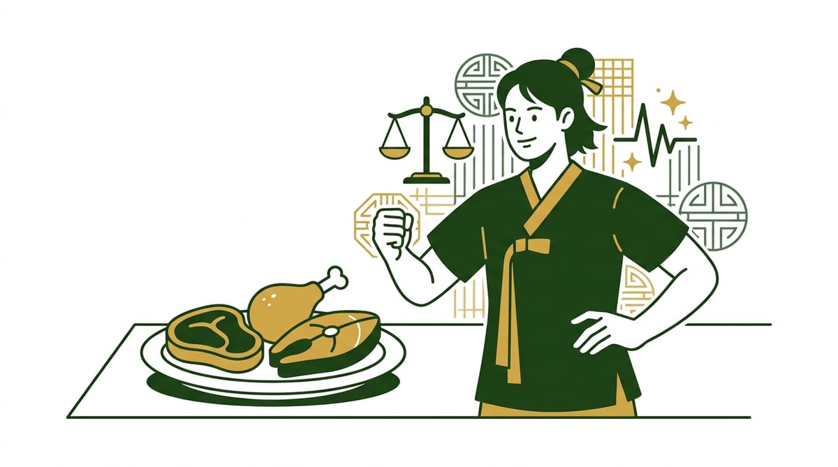 목양체질을 상징하는 건강한 사람 옆에 육류 식단이 놓여 있고, 콜레스테롤 관리 및 활력 증진을 암시하는 한의학적 풍경.