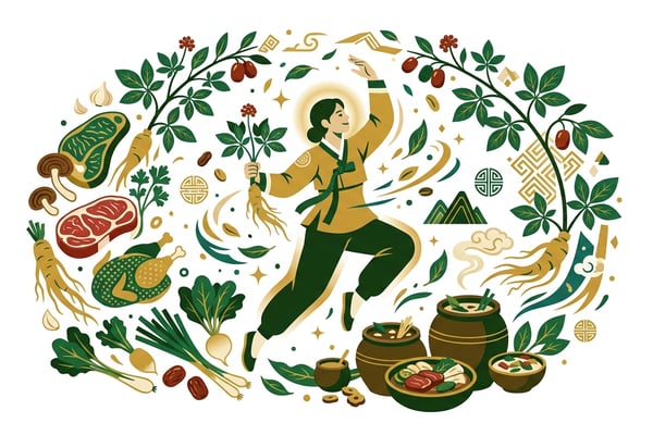 건강한 육류와 채소가 어우러진 식단 앞에서 활기찬 모습의 사람, 한의학적 기운을 상징하는 연기