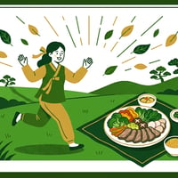 풀밭 위에서 건강하게 뛰는 사람 옆에 신선한 육류와 채소가 놓인 식단이 보이는 모습.