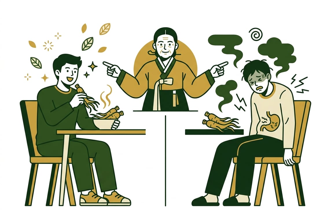 한의사가 체질이 다른 두 사람에게 인삼과 같이 보이는 약재를 추천하고 있는데, 한 사람에게는 활력을, 다른 사람에게는 고통을 주는 모습