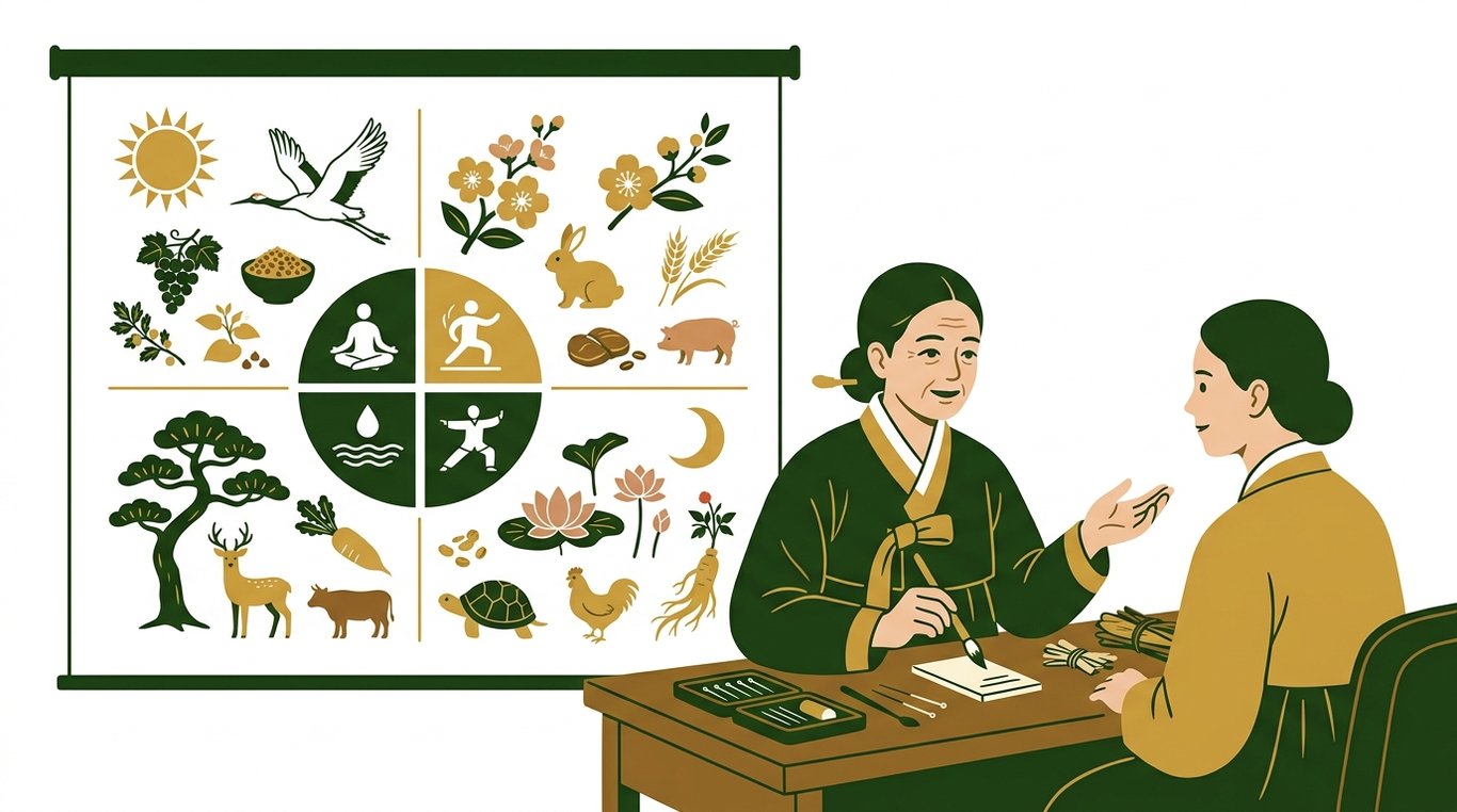 한의사가 다양한 체질을 나타내는 그림과 함께 음식, 약재를 설명하며 환자에게 맞는 건강법을 안내하는 장면