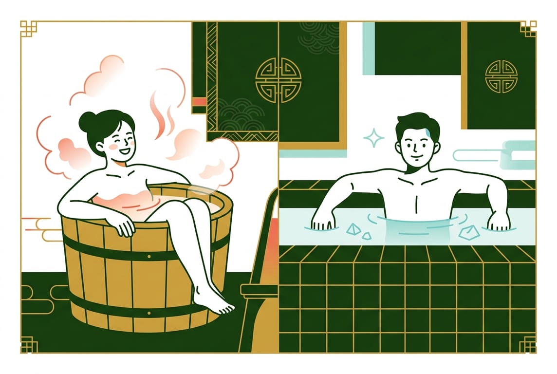 뜨거운 증기가 나는 온수욕조와 시원한 물이 담긴 냉수욕조가 대비된 장면.