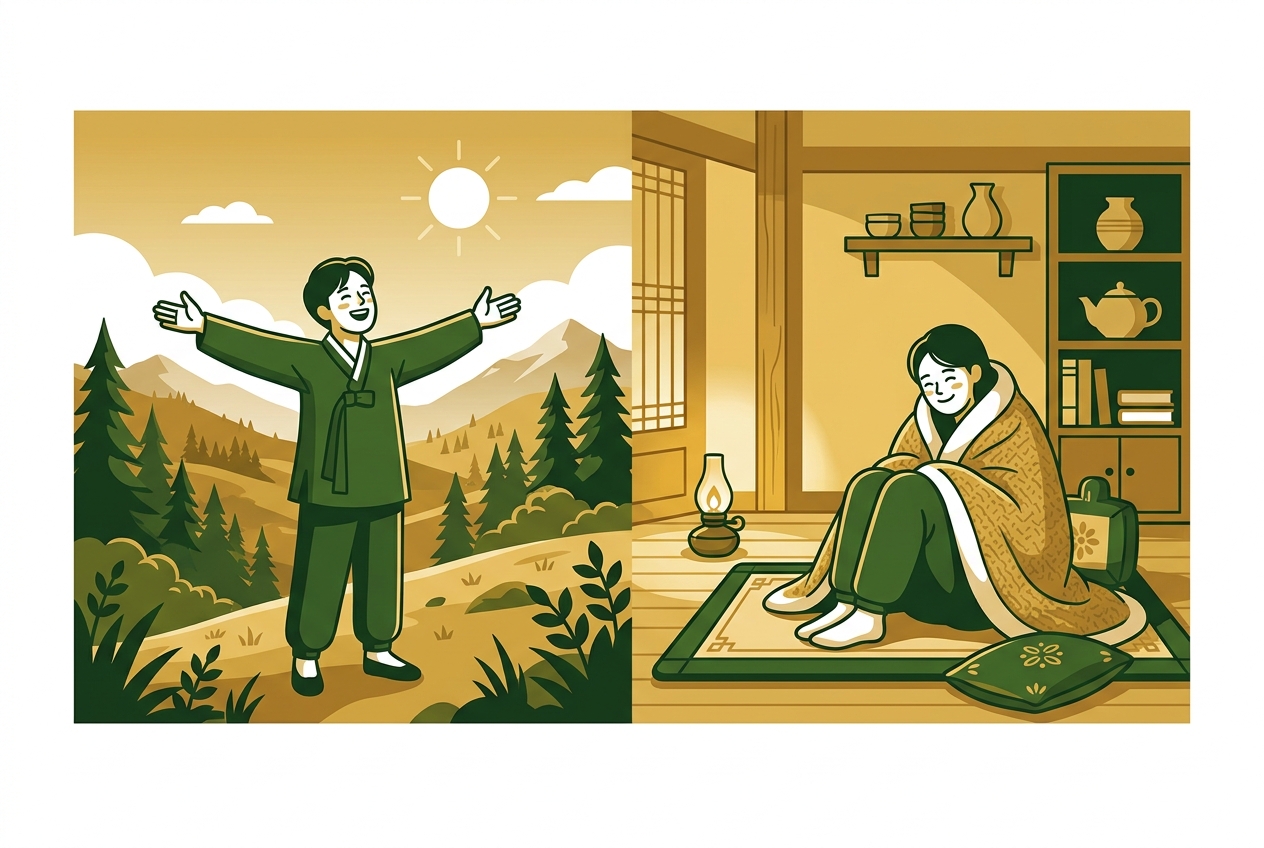 왼쪽은 탁 트인 야외, 오른쪽은 아늑한 실내 공간에 있는 사람들