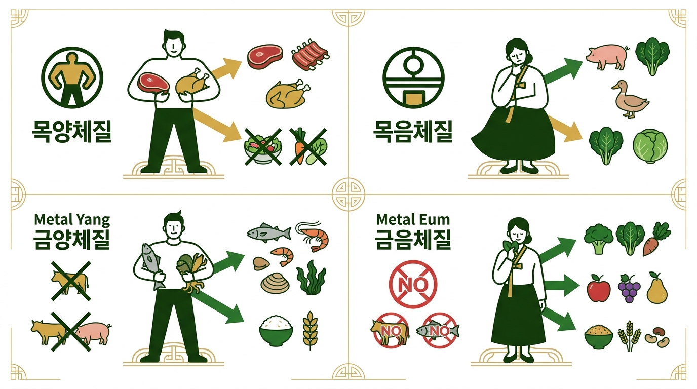 8체질 분류표와 함께 육식 위주의 목양/목음체질, 채식 위주의 금양/금음체질을 시각적으로 나타내는 개념도.