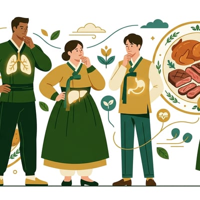 한의학적 팔체질론에 따라 채소와 고기 중 어떤 것을 선택할지 고민하는 다양한 체형의 사람들.